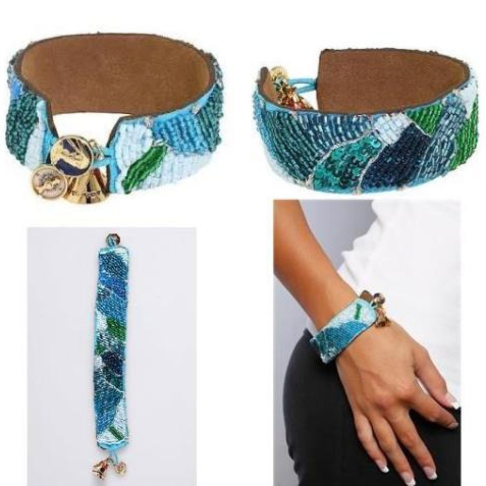 Disney Couture Pocahontas Blue Green Sequin Beaded Cuff Bracelet